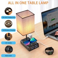 Bedside Lamp With Usb Ports Ac Outlets 15W Wireless Charger Table Lamp With Clock 3 Way Dimmable Nightstand Lamps For Bedroo