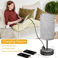 Mindore Table Lamp Bedside Lamp With Usb Ports And Outlets Bedroom Lamp With Alarm Clock Base 3Way Dimmable Modern Nightsta