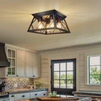 Fadimikoo 4-Light Black Flush Mount Ceiling Light For Kitchen Hallway, Industrial Close To Ceiling Lighting, Farmhouse Square Cage Ceiling Lamp For Dining Room, Living Room, Bulb Not Included