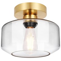 Industrial Semi Flush Mount Ceiling Light Brushed Gold, 800 Lumen Led Bulb Included, Clear Glass Shade Ceiling Light Fixture, Light Fixture For Hallway Bathroom Bedroom, Vintage Hanging Light Fixtures