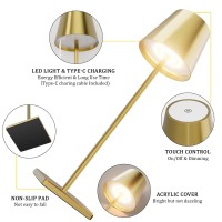 Howskys 2 Pack Electroplated Gold Cordless Table Lamp 5500Mah Battery Powered Table Lamp 3W Touch Rechargeable Battery Table Lam