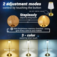 Amingulry Cordless Table Lamp, Rechargeable Battery Operated Lamp, 3 Color Modes & Stepless Dimmable Led Touch Lamp, Portable Retro Gold Metal Beside Lamps For Home Desk Bedroom Restaurant Outdoor