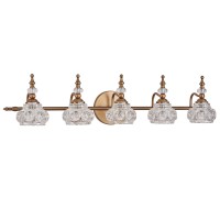 Zilanl Brass 5-Light Bathroom Vanity Light, Vintage Bathroom Vanity Lighting Fixtures With Thick Crystal Glass Shade, Vintage Vanity Light For Bathroom, Living Room