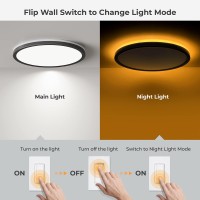 Matane 12 Inch Led Flush Mount Ceiling Light Fixture With Night Light, 24W 2400Lm 3000K/4000K/5000K Selectable, Dimmable Ceiling Lights For Bedroom, Dining Room, Kitchen, Round Black