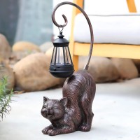 Hapyard Laughing Cat Figurine With Solarpowered Led Light 157 Inches Tall Antique Bronze Perfect For Gift Garden Decor Or Ho