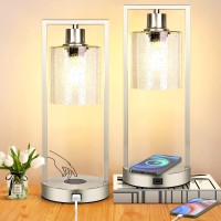 Set Of 2 Silver Table Lamps For Bedrooms With Wireless Charging Touch Control Bedside Nightstand Lamp 3Way Dimmable Bubble Gl