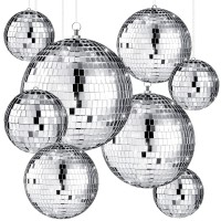 Haull 8 Pcs Large Disco Ball Set Silver Mirror Disco Balls Reflective Ball With Hanging Ring Party Ornament Decoration For Stage Club Ballroom Dance Hall Wedding Prom Props(12'', 8'', 6'', 4'')