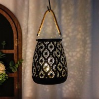 Trirocks Moroccan Style Metal Lamp 8''H Battery Operated Cordless Table Lamp Vintage Lantern For Living Room Garden Yard Patio Parties Event Indoors Outdoors (Black With Gold Brush)