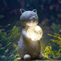 Tiejiajiang Solar Cat Statue Garden Decor Cat Lover Gifts With Gazing Solar Led Lights Ball Cat Decoration For Garden Yard Pa