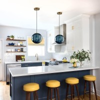 Kco Lighting Modern Large Globe Pendant Light 1-Light Single Blue Glass Pendant Lighting Kitchen Island Vintage Ribbed Glass Pendant Light Contemporary Gold Hanging Light Fixture (9.8