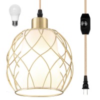 Cinkeda Plug In Pendant Light,Hanging Light With Plug In Cord,Hanging Lamp With Linen Shade, 15Ft Golden Cotton Cord, Plug In Light Fixture For Bedroom (Bulb Included)