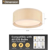 Wingbo 157 Modern 3Light Flush Mount Ceiling Light Fixture With Rattan Fabric Double Drum Shade For Bedroom Living Room Di