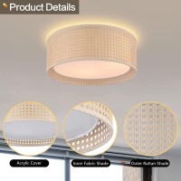 Wingbo 157 Modern 3Light Flush Mount Ceiling Light Fixture With Rattan Fabric Double Drum Shade For Bedroom Living Room Di