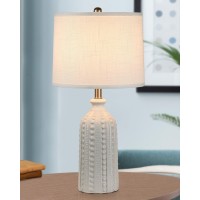 Junnai White Ceramic Table Lamp 245 3Way Dimmable Bedside Lamp With White Drum Slub Shade Modern Nightstand Lamp For Bedro