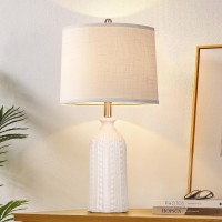 Junnai White Ceramic Table Lamp 245 3Way Dimmable Bedside Lamp With White Drum Slub Shade Modern Nightstand Lamp For Bedro