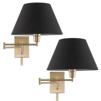 Kira Home Cambridge 15 Modern Swing Arm Wall Lamp Plug Inwall Mount Black Fabric Shade Cool Brass Finish 2Pack