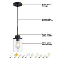 Dalivol Modern Black Farmhouse Clear Glass Cylinder Pendant Light Fixture Single Hanging Pendant Lighting For Kitchen Island D