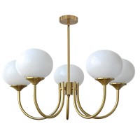 Bokt 5 Light Contemporary Milk White Glass Globe Chandelier Vintage Gold Sputnik Chandelier Light Fixture Adjustable Large Moder