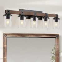 Dujahmland 5-Light Farmhouse Vanity Lights,Wood Bathroom Wall Lighting With Clear Glass, Industrial Metal Wall Sconce For Bedroom, Kitchen, Hallway (Wood, 5-Light)