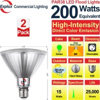 Explux Highintensity 200W Equivalent Led Par38 Flood Green Light Bulbs Full Glass Weatherproof Antiageing Dimmable Green