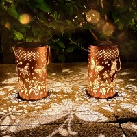 2 Pack Butterfly Solar Lanterns Outdoor Hanging Lantern Lights, Butterfly Hollowed-Out Metal Decor Lantern, Waterproof Led Decorative Garden Light - Delicate Garden Decoration