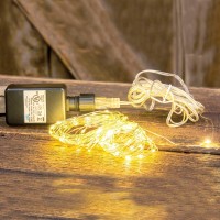 100ct LED Warm White Bud Lights is a set of 100 warm white lights on a silver cord with four inches of space beween each bulb Lights come with an AC Adapter and are only to be used indoors Measures 45 feet in length