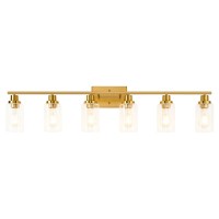 Jonsi Gold Bathroom Light Fixtures 6 Light Brushed Gold Bathroom Vanity Lights With Fluted Glass Shade Modern Gold Bathroom Li