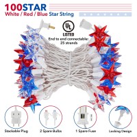 Red White Blue Star String Lights Plug In 33Ft 100 Led Connectable Patriotic Star Fairy Lights Waterproof String Lights For I