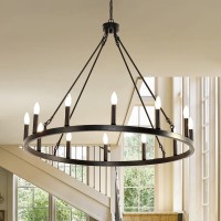 Baoure Candle Style Wagon Wheel Chandelier Black 12-Light, Round Wagon Wheel Chandelier Outdoor Porch Light Fixtures, Modern Wagon Wheels Chandeliers For Living Room Hallway Foyer - 38-Inch