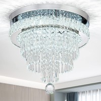 Hongnuofc 16 Inch Crystal Chandeliers Led Modern Flush Mount Ceiling Light Fixture Round Ring Luxury Chandelier For Living Room Bedroom Dining Room Foyer (Cool White)