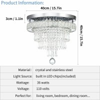 Hongnuofc 16 Inch Crystal Chandeliers Led Modern Flush Mount Ceiling Light Fixture Round Ring Luxury Chandelier For Living Room Bedroom Dining Room Foyer (Cool White)