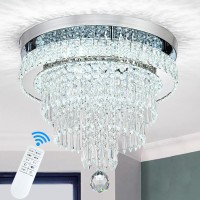 Hongnuofc 16 Inch Crystal Chandeliers With Remote Control Led Modern Flush Mount Ceiling Light Fixture Round Ring Luxury Chandel