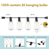 Glsbuld Outdoor String Lights For Outside, 100Ft Led Patio Lights,Party Lights With 30 Sockets And 3 Spare Shatterproof St38 Edison Bulbs, Outdoor Hanging Lights For Christmas, Porch,Backyard