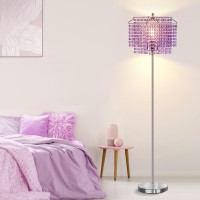 Crystal Floor Lamp Purple , Elegant Standing Lamps With Double-Layer Lampshade, Led Floor Lamp With On/Off Foot Switch, Silver Finish Tall Pole Lamp For Living Room, Girl Bedroom, Dresser, Office