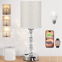 White Touch Bedside Lamps For Bedrooms - Crystal Table Lamp With Usb C+A Charging Port And Ac Outlet Nightstand, 3 Way Dimmable Silver Small End Side Table Lamp For Living/Guest/Dinning Room/Kitchen