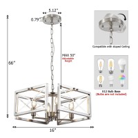 Doltoro Brushed Nickel Farmhouse Chandelier 4Light Modern Chandelier For Dining Room Lighting Fixtures Hanging Iron Square Fra