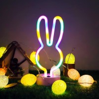 Easter Decorations Rabbit Lights Neon Signs, Creative Bunny Neon Lights With Base Battery/Usb Operated Rabbit Stuff For Home, Baby Teen Kids Girls Bedroom, Spring Decor (Rabbit-Multi-Colored)