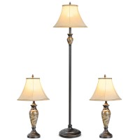 Tangkula Table And Floor Lamp Set, 3-Piece Traditional Style Lamp Set With Linen Fabric Lamp Shades And Weighted Bases For Living Room, Bedroom, 29