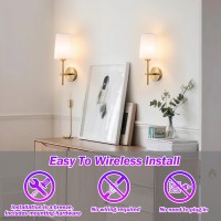 Battery Operated Wall Sconce Set Of 2, Wireless Dimmable Battery Powered Wall Lamp With Remote Control,Battery Wall Light With White Fabric Shade For Bedroom,Easy To Install,3 Color Temp Bulb Included