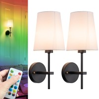 Battery Operated Wall Sconce Set Of 2, Wireless Dimmable Battery Powered Wall Lamp With Remote Control,Battery Wall Light With White Fabric Shade For Bedroom,Easy To Install,3 Color Temp Bulb Included