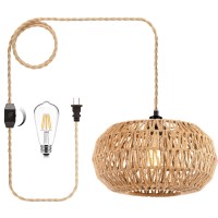 Plug In Pendant Light Hanging Lights With Plug In Cord Dimmable Rattan Hanging Lamp Wicker Woven Basket Lampshade,Farmhouse Industrial Boho Plug In Ceiling Light Fixture For Living Room Kitchen Island