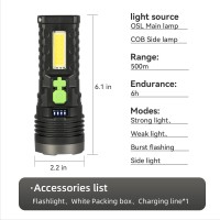 Cwxczy Led Flashlight, Rechargeable Flashlight, Solar & Usb Charging Flashlights With Cob Work Side Light, Super Bright Work Flash Lights, Water-Resistant, 4 Light Mode, For Emergency Outdoor Camping