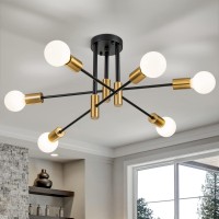 Brknit 6Light Modern Sputnik Chandeliers Black Gold Semi Flush Mount Ceiling Light Fixture Industrial Farmhouse Kitchen Light