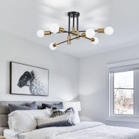 Brknit 6Light Modern Sputnik Chandeliers Black Gold Semi Flush Mount Ceiling Light Fixture Industrial Farmhouse Kitchen Light