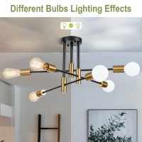 Brknit 6Light Modern Sputnik Chandeliers Black Gold Semi Flush Mount Ceiling Light Fixture Industrial Farmhouse Kitchen Light