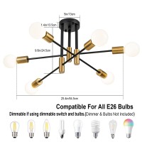 Brknit 6Light Modern Sputnik Chandeliers Black Gold Semi Flush Mount Ceiling Light Fixture Industrial Farmhouse Kitchen Light