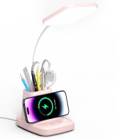 Vicsoon Desk Lamps For Home Office, Led Desk Lamp With Wireless Charger Pencil Holder, 3 Color Modes Dimming Desk Light For College Dorm Room, Girls Study Lamp With Cri 90+ 800 Lumen - Pink