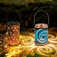 Solar Lanterns Outdoor Hanging Lantern Lights,Hollowed-Out Metal Decor Lantern, Waterproof Led Decorative Garden Light - Delicate Garden Decoration For Patio, Yard((1 Pack Blue +1 Dragonfly Lantern)