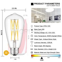 12W Dimmable Led Edison Bulb 5000K Daylight White, 120W Equivalent 1200 Lumen E26 Base, Vintage Style St64 Clear Glass Led Double-Layer Spiral Filament Bulbs, Smooth Dimming Version, 6 Pack