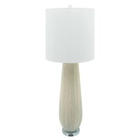 With a natural and comforting aesthetic this table lamp is a calm addition to your interior design The elongated rounded body with textured lines adds a finesse and creative look to it The elongated fabric drum shade filters light for a pleasant glow Sold